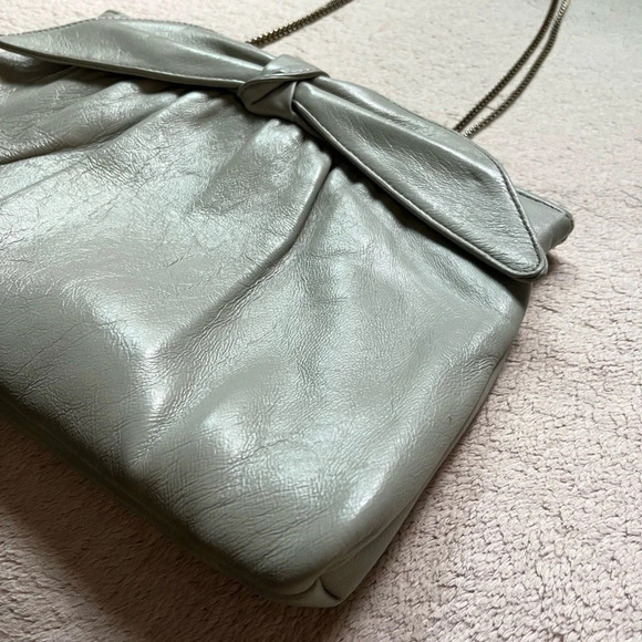 Vintage Leather/Chain Purse Bow Handbag-Grey-Clutch-Vtg-Gray-Retro-Tradwife-60s - Picture 6 of 15